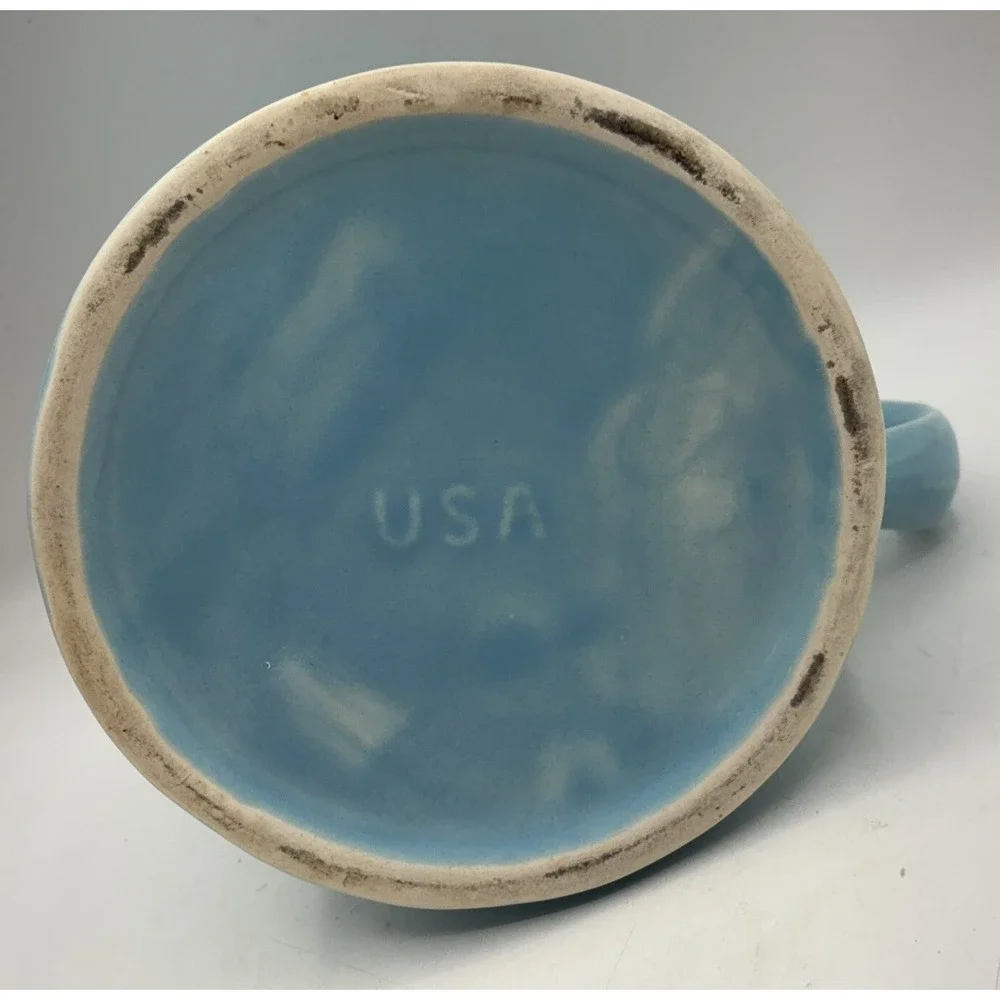 Vintage USA Ceramic Ice Lip Pitcher Light Blue with Dark Blue Tulips Stoneware